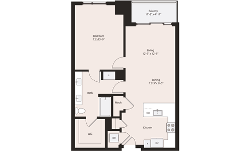 Floor plan for 1 bed, 1 bath, 875 sqft